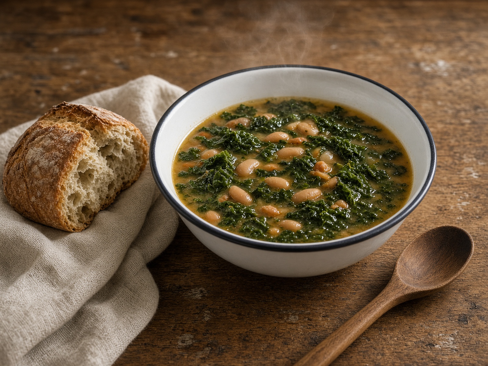 Tigela de sopa com pão rústico sobre mesa de madeira
