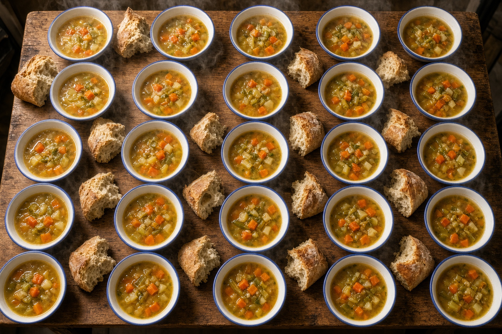 Fileiras de tigelas de sopa prontas para servir
