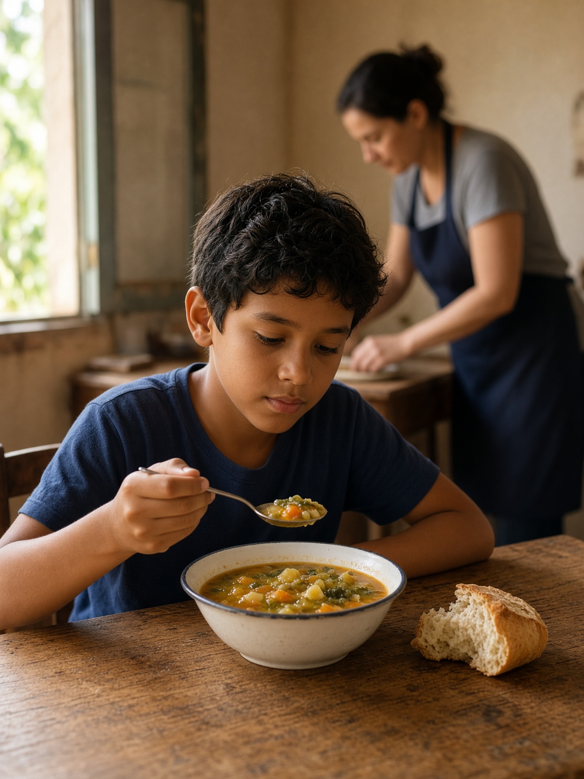 Menino comendo sopa à mesa, com uma voluntária ao fundo
