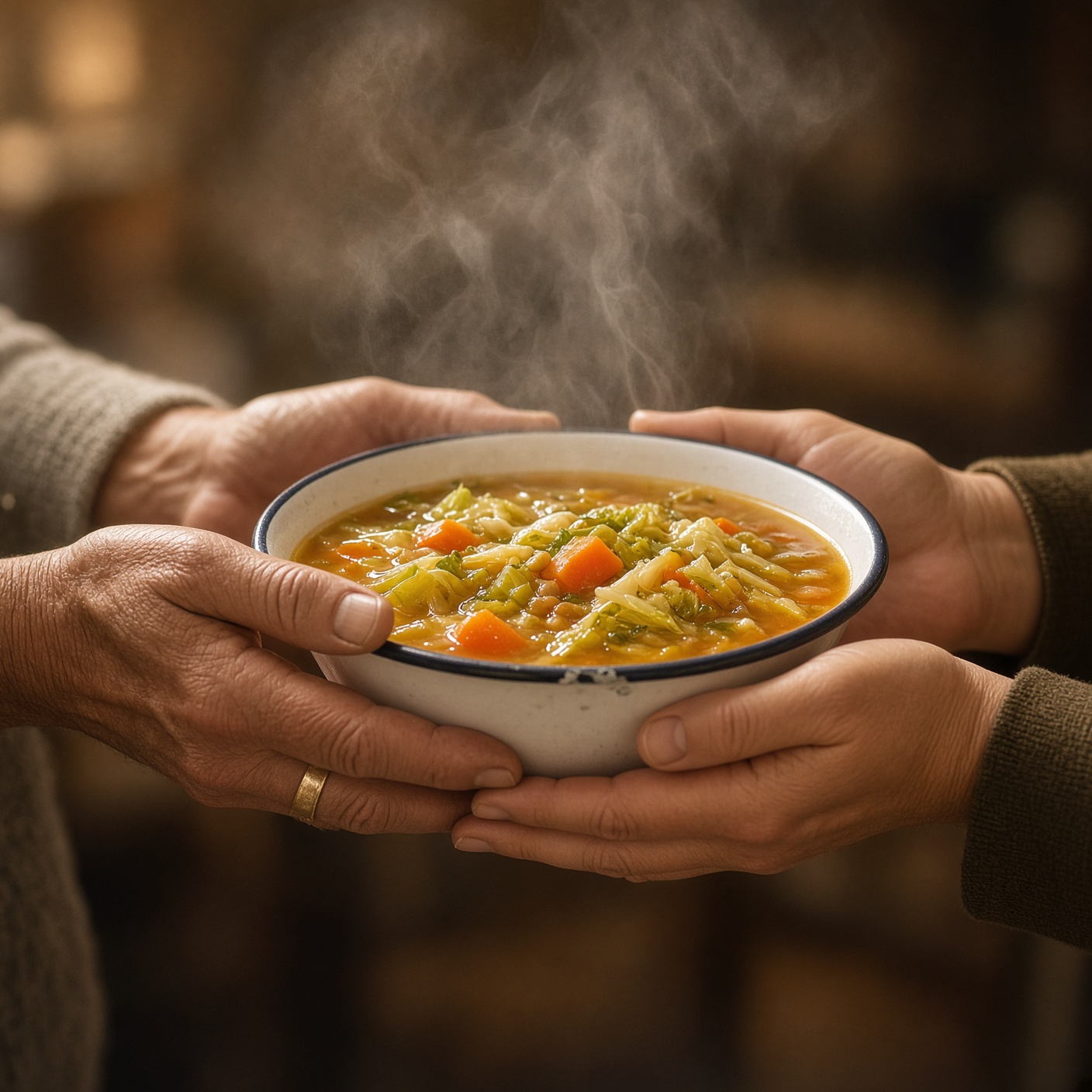 Mãos oferecendo e recebendo uma tigela de sopa