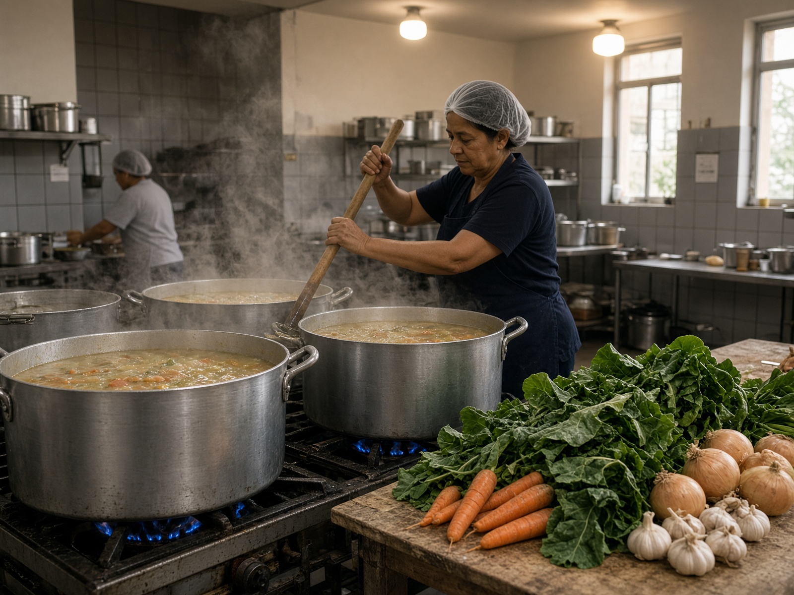 Voluntária mexendo um caldeirão de sopa em cozinha comunitária