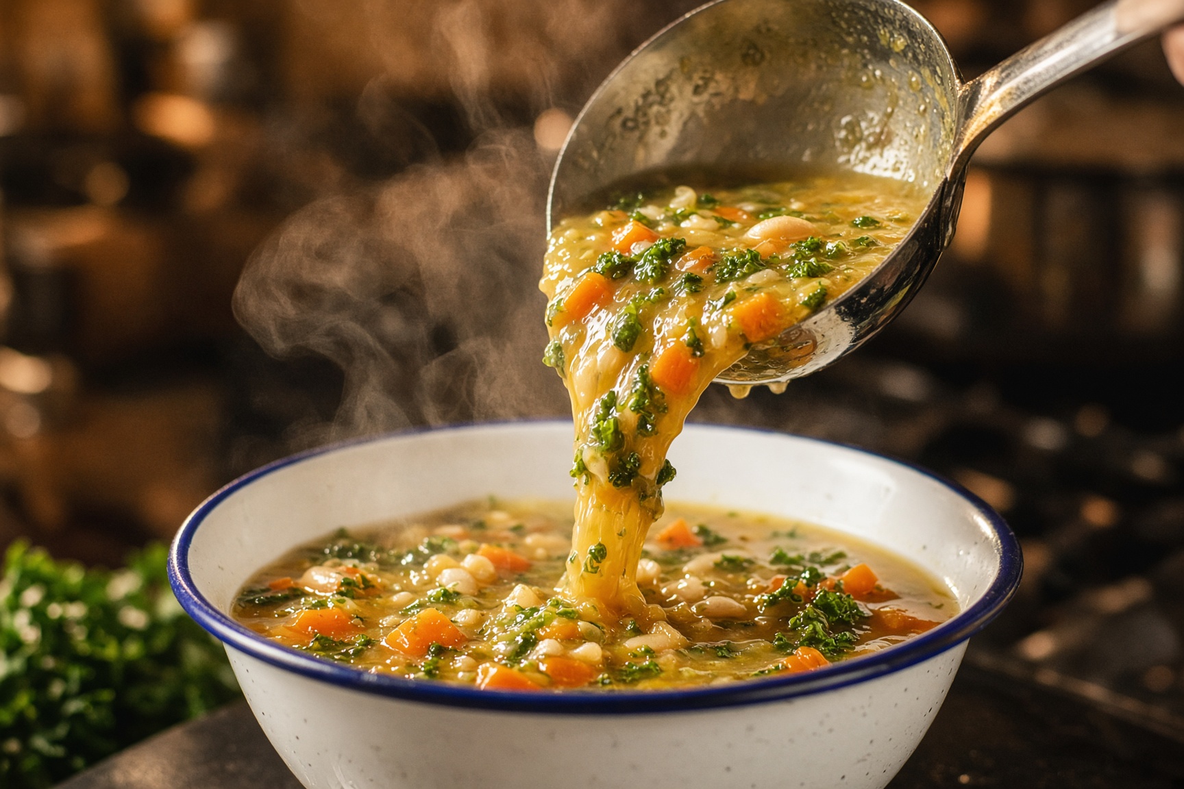 Concha despejando sopa em tigela esmaltada