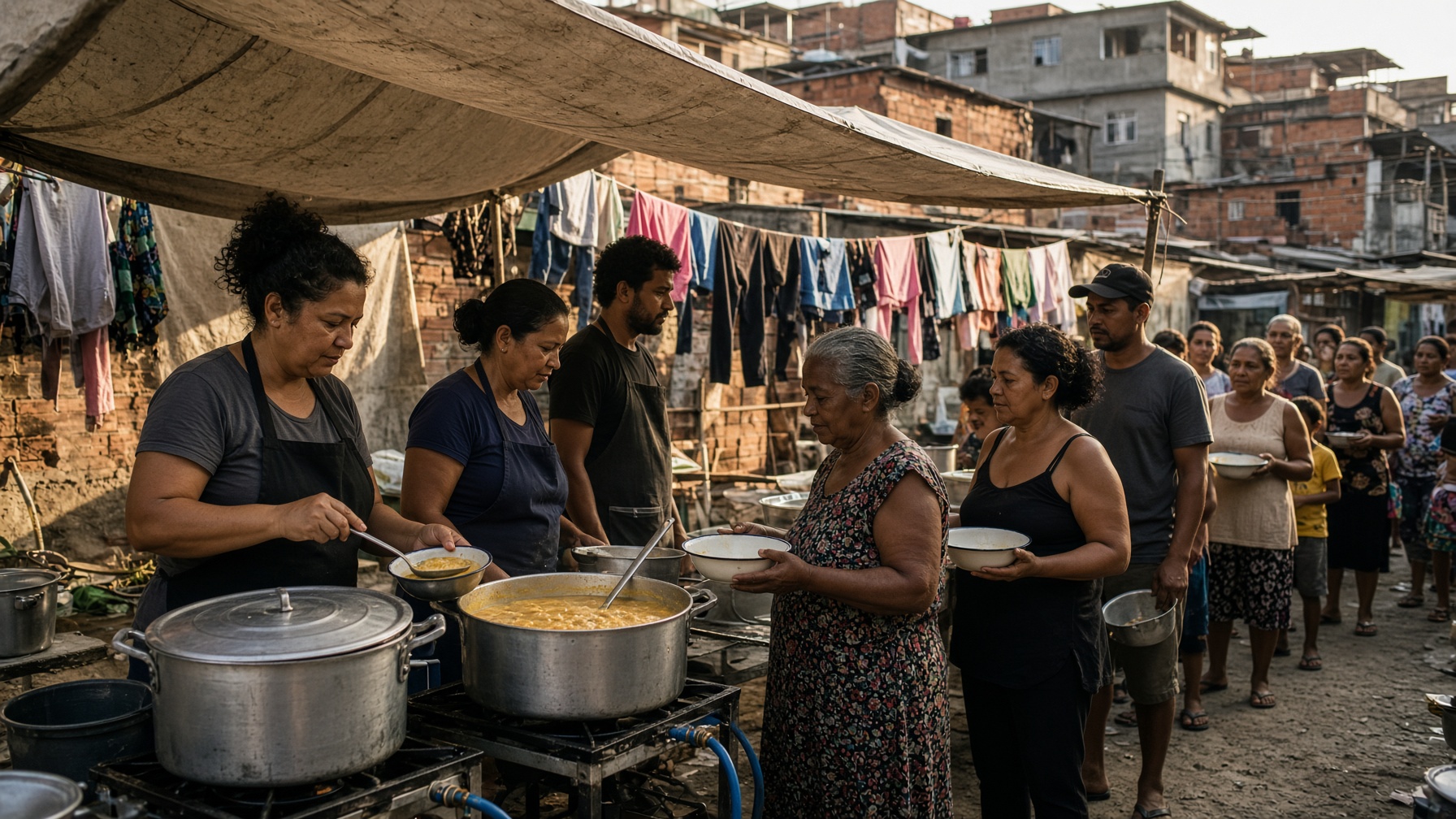 Cozinha comunitária sob lona em pátio de comunidade