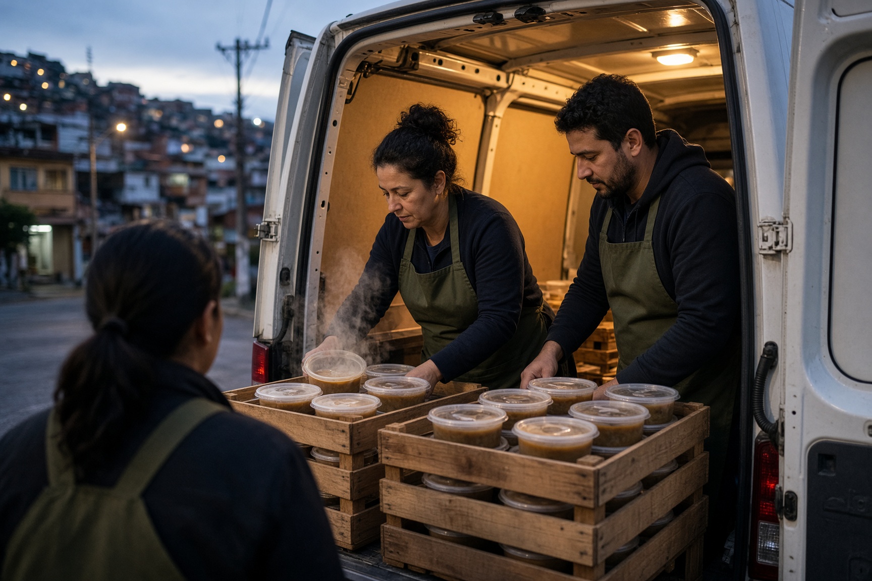 Voluntários organizando potes de sopa na van ao amanhecer